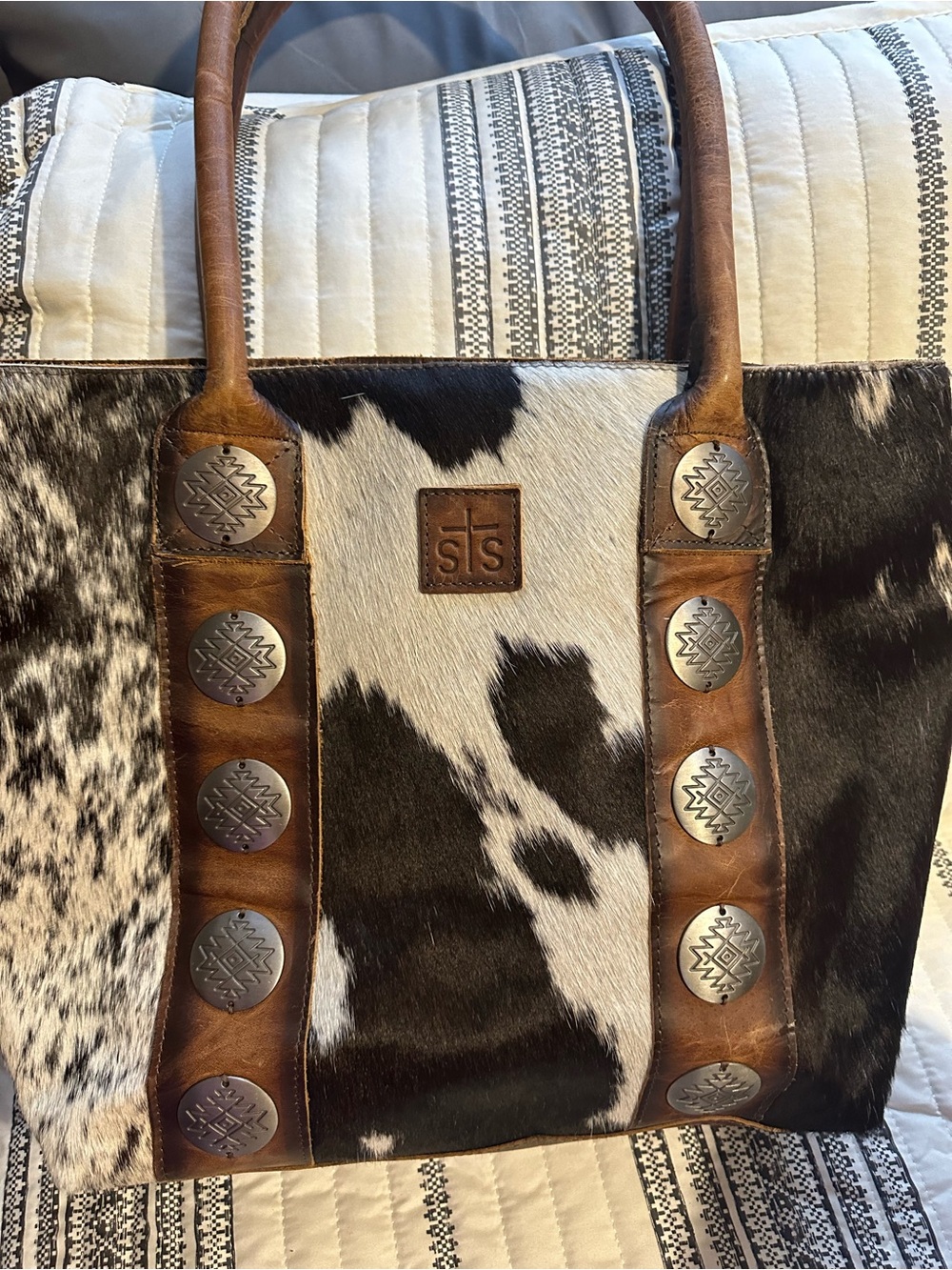 STS Ranchwear Black & White Cowhide Tote with Brown Leather Trim